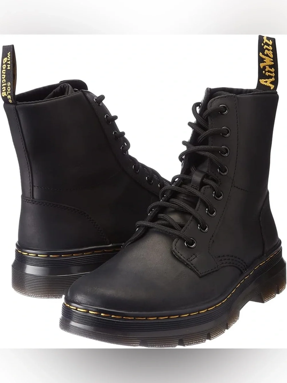 8 eye Dr Martens Black Leather Lace-Up Combat Boots with Yellow Welt Stitchi